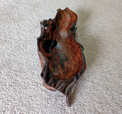 driftwood bowl, rich natural colors, dark wood, black walnut ?, 20" x 8 x 5.5 tall, 3.03 lbs., Wabi Sabi, one-of-a-kind, asymmetric, 462-A