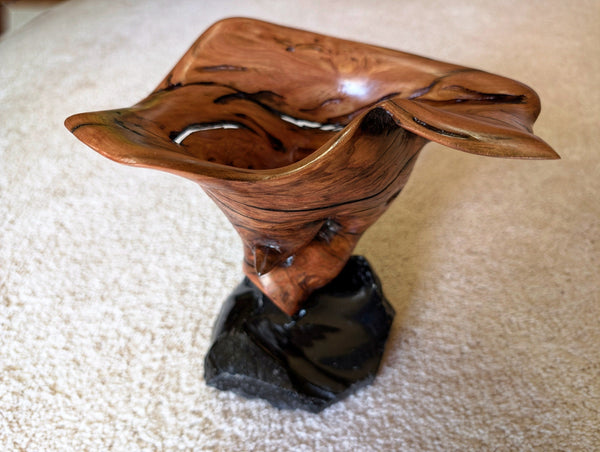 wood bowl sculpture, obsidian rock, tabletop, 9" Tall x 9 x 8', 4.1 lb, Wabi Sabi, rich natural color, one-of-a-kind, spruce root, 460-A