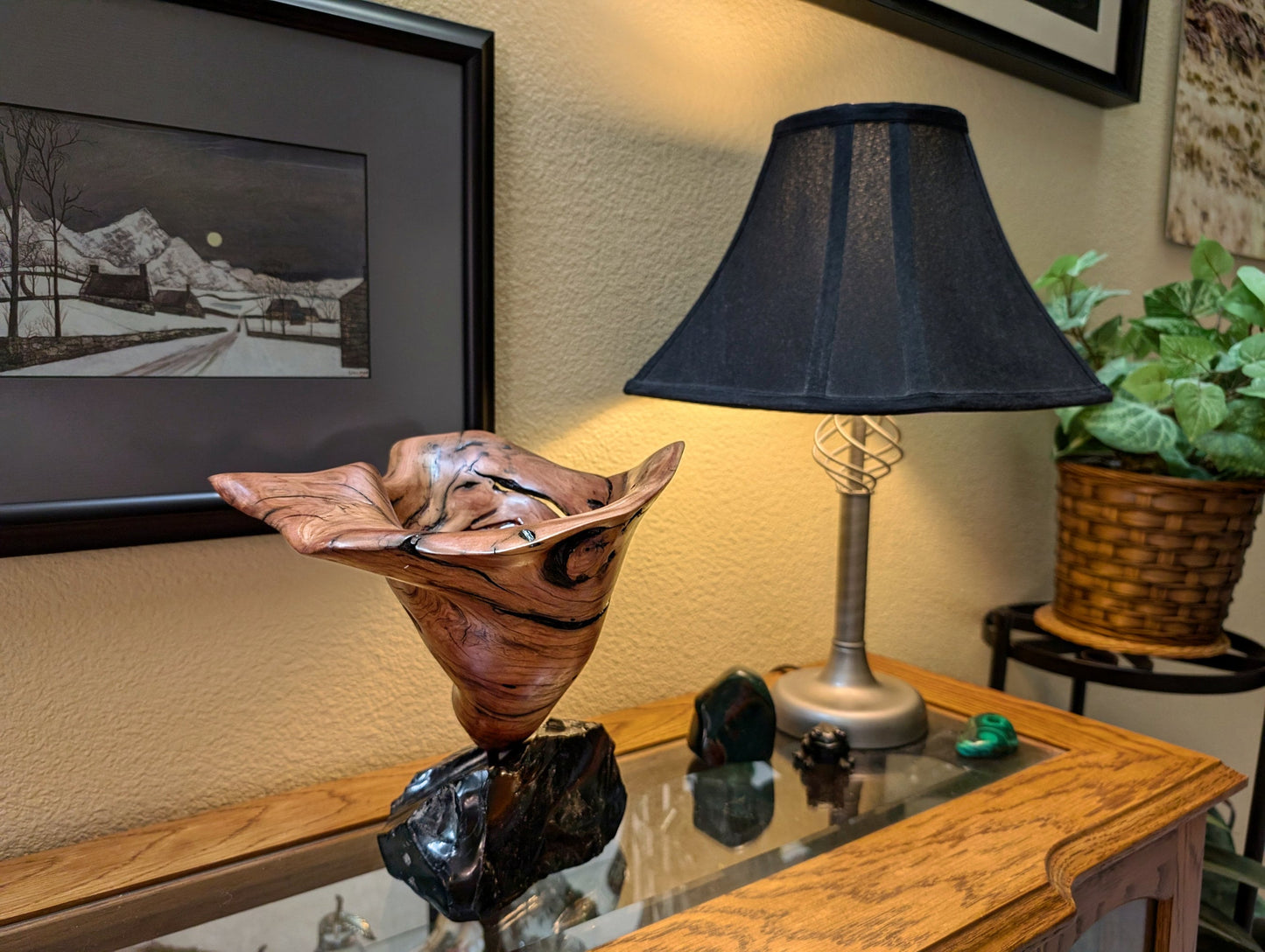 wood bowl sculpture, obsidian rock, tabletop, 9" Tall x 9 x 8', 4.1 lb, Wabi Sabi, rich natural color, one-of-a-kind, spruce root, 460-A