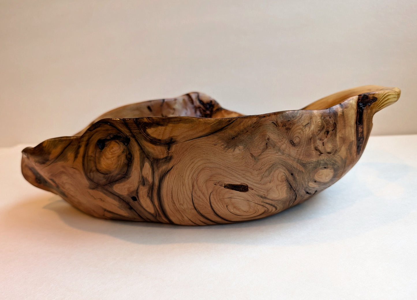wood bowl with obvious insect damage enhancing its character, Douglas fir, 3.5 tall x 12.75 x 6.75’’, 1.45 lbs., Wabi Sabi, Wabisabi, 324-A1