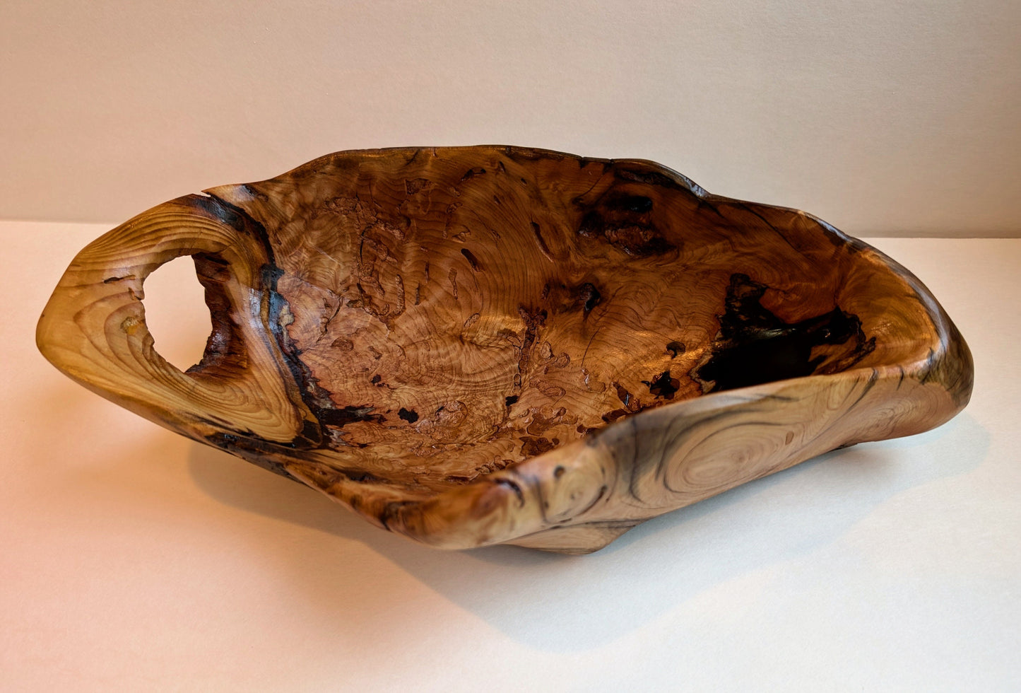 wood bowl with obvious insect damage enhancing its character, Douglas fir, 3.5 tall x 12.75 x 6.75’’, 1.45 lbs., Wabi Sabi, Wabisabi, 324-A1