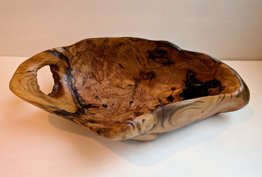 wood bowl with obvious insect damage enhancing its character, Douglas fir, 3.5 tall x 12.75 x 6.75’’, 1.45 lbs., Wabi Sabi, Wabisabi, 324-A1