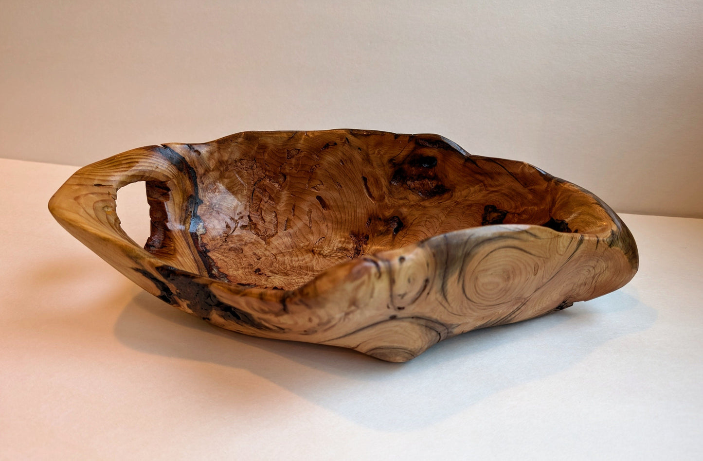 wood bowl with obvious insect damage enhancing its character, Douglas fir, 3.5 tall x 12.75 x 6.75’’, 1.45 lbs., Wabi Sabi, Wabisabi, 324-A1