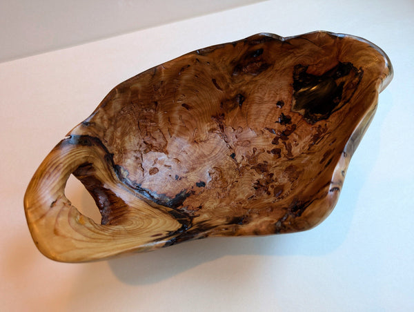 wood bowl with obvious insect damage enhancing its character, Douglas fir, 3.5 tall x 12.75 x 6.75’’, 1.45 lbs., Wabi Sabi, Wabisabi, 324-A1