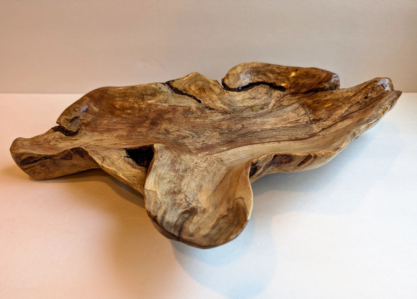 hazelnut wood Platter, Plate Catchall sculpture, 2.25" tall x 16 x 10.5, 1.33 lb, golden tan, unique mottling, Wabi Sabi, upcycled, 600-B