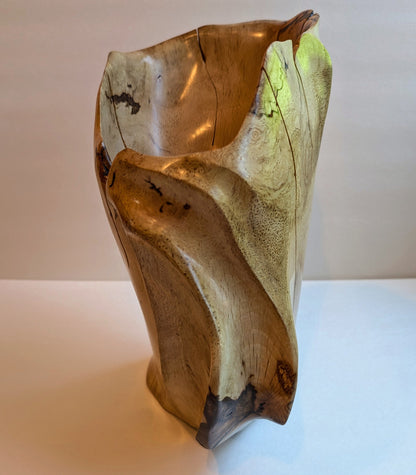Oregon White Oak wood vase, artfully slit sides, 11.5 tall x 10 x 8’’, 4.61 lbs, Wabi Sabi Wasabi, one-of-a-kind, asymmetric, twist 310-A