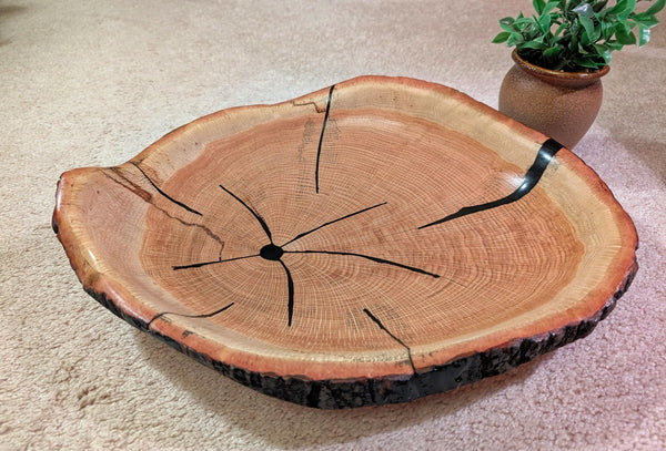 red oak platter, wood, serving tray, live edge, bark, beautiful grain, ornate round, 4" tall x 17.38, Wabi Sabi, one-of-a-kind, 568-Z11