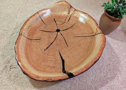 red oak platter, wood, serving tray, live edge, bark, beautiful grain, ornate round, 4" tall x 17.38, Wabi Sabi, one-of-a-kind, 568-Z11