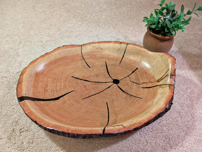 red oak platter, wood, serving tray, live edge, bark, beautiful grain, ornate round, 4" tall x 17.38, Wabi Sabi, one-of-a-kind, 568-Z11
