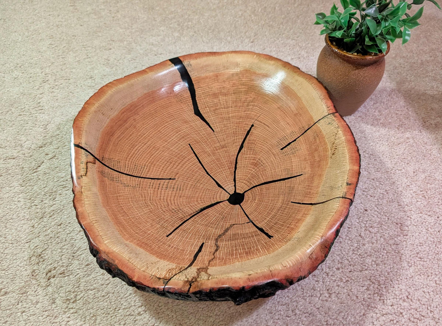 red oak platter, wood, serving tray, live edge, bark, beautiful grain, ornate round, 4" tall x 17.38, Wabi Sabi, one-of-a-kind, 568-Z11