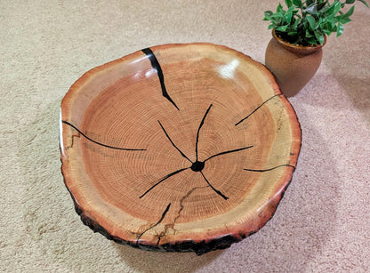 red oak platter, wood, serving tray, live edge, bark, beautiful grain, ornate round, 4" tall x 17.38, Wabi Sabi, one-of-a-kind, 568-Z11