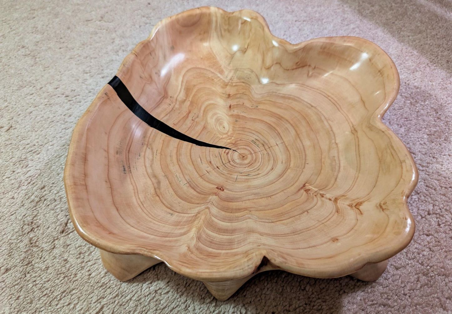 Cypress wood bowl platter with 6 feet, natural golden tan color, scalloped sides, 3" tall x 15", Wabi Sabi, one-of-a-kind, asymmetric, 575-A
