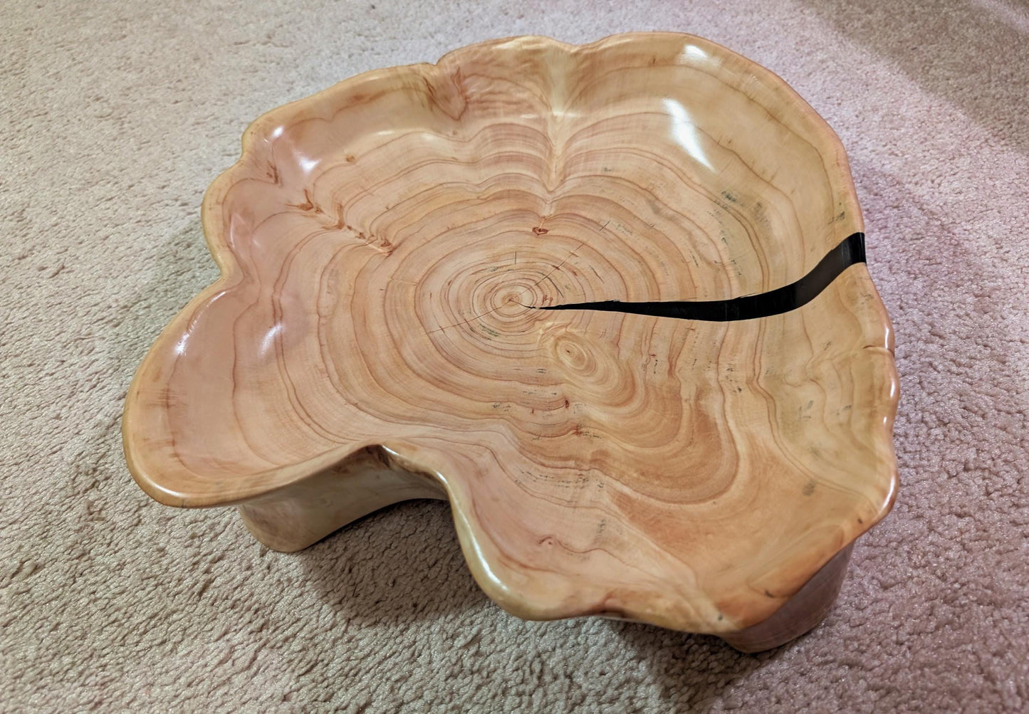 Cypress wood bowl platter with 6 feet, natural golden tan color, scalloped sides, 3" tall x 15", Wabi Sabi, one-of-a-kind, asymmetric, 575-A