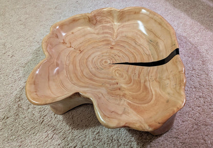 Cypress wood bowl platter with 6 feet, natural golden tan color, scalloped sides, 3" tall x 15", Wabi Sabi, one-of-a-kind, asymmetric, 575-A