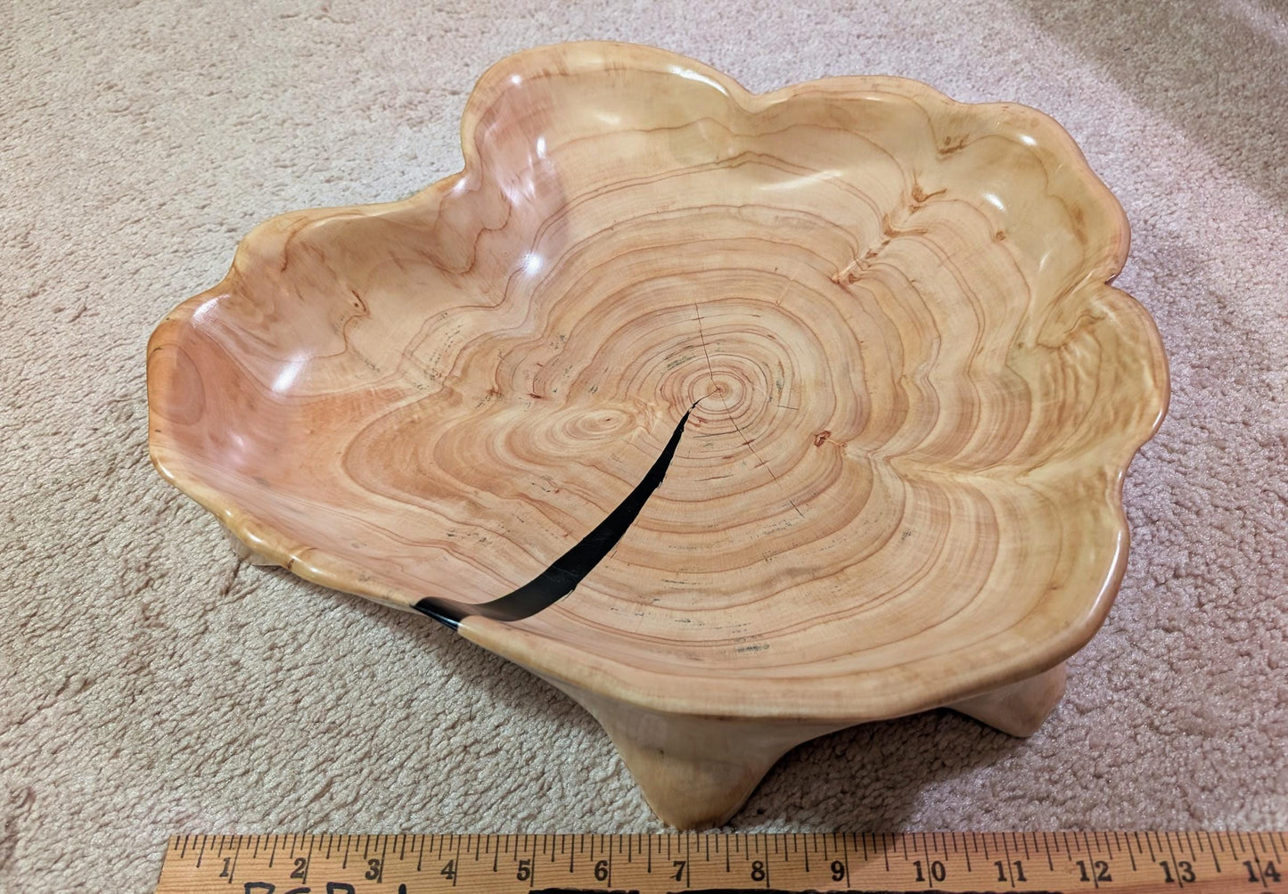Cypress wood bowl platter with 6 feet, natural golden tan color, scalloped sides, 3" tall x 15", Wabi Sabi, one-of-a-kind, asymmetric, 575-A