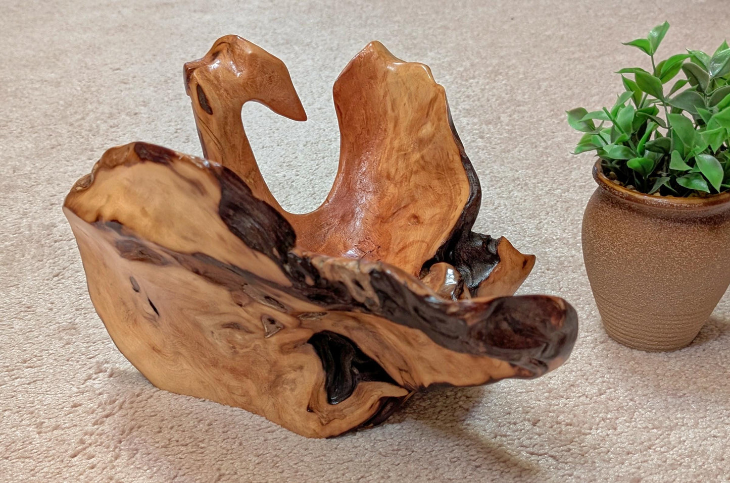 twisty scooped wood bowl, exotic, pine, natural color, live edge, flared sides, 7.5"Tx12x11.5'', Wabi Sabi, one-of-a-kind, asymmetric, 998-F