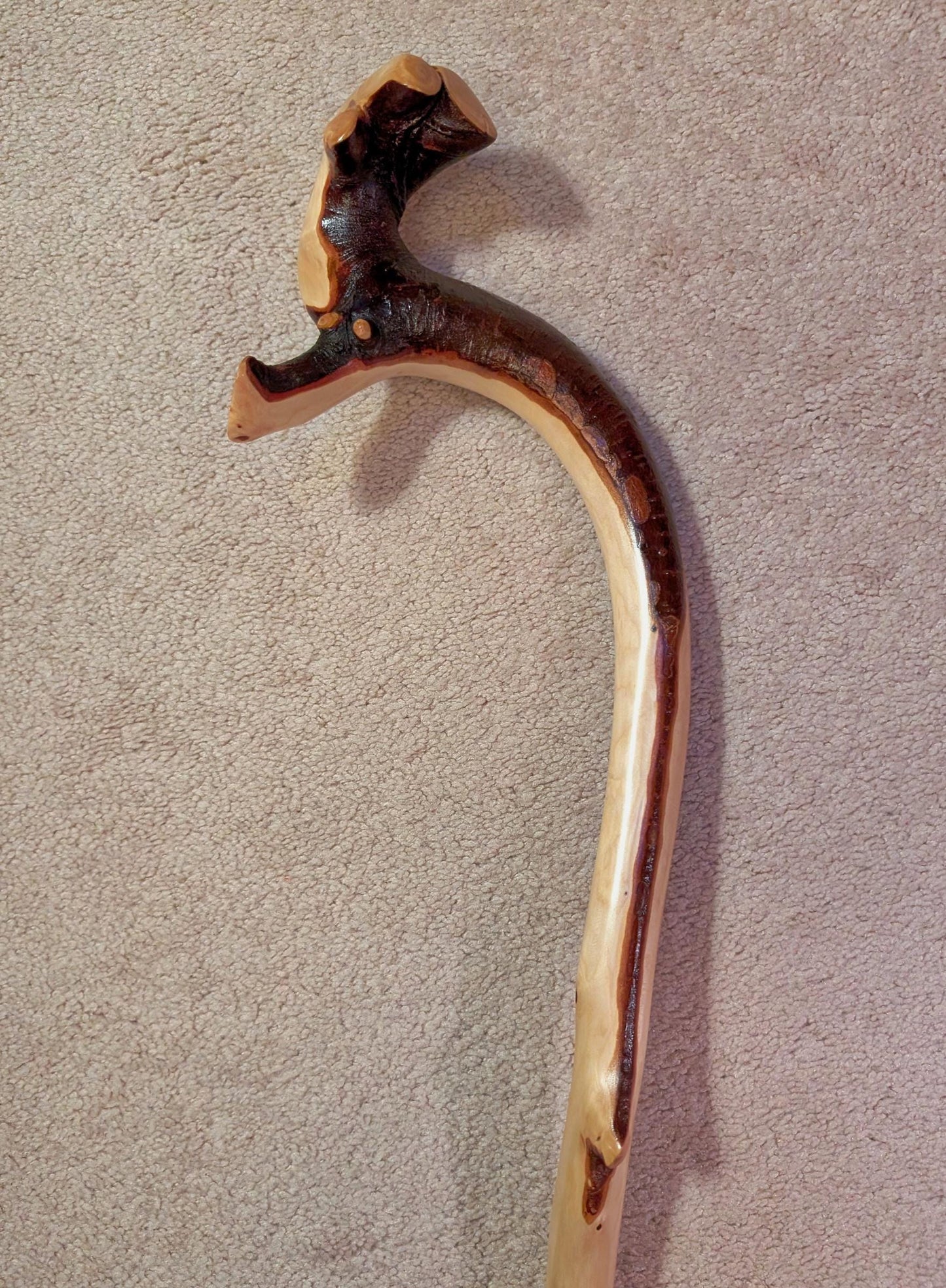 hiking walking stick staff, Mt Hemlock wood, elaborate grip top, 52 inch tall, Wabi Sabi wabi-sabi one-of-a-kind, from dead tree, 226-B