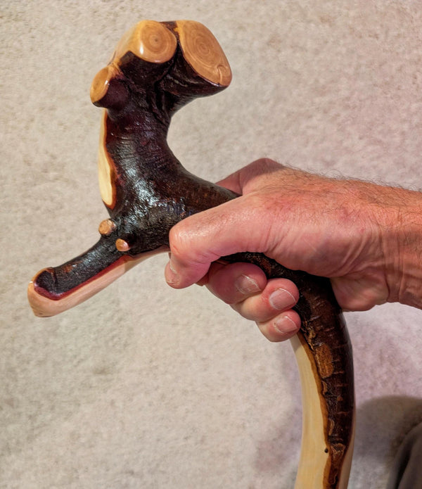 hiking walking stick staff, Mt Hemlock wood, elaborate grip top, 47 inch tall, Wabi Sabi wabi-sabi one-of-a-kind, from dead tree, 226-B