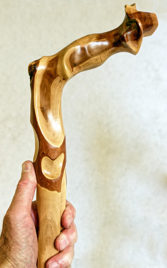 Sculptured Cane, Mt Mahogany, unique, elaborate, unusual, wood, custom grip, 41 inches tall, Wabi Sabi, elegant, one-of-a-kind, walk, 178-C
