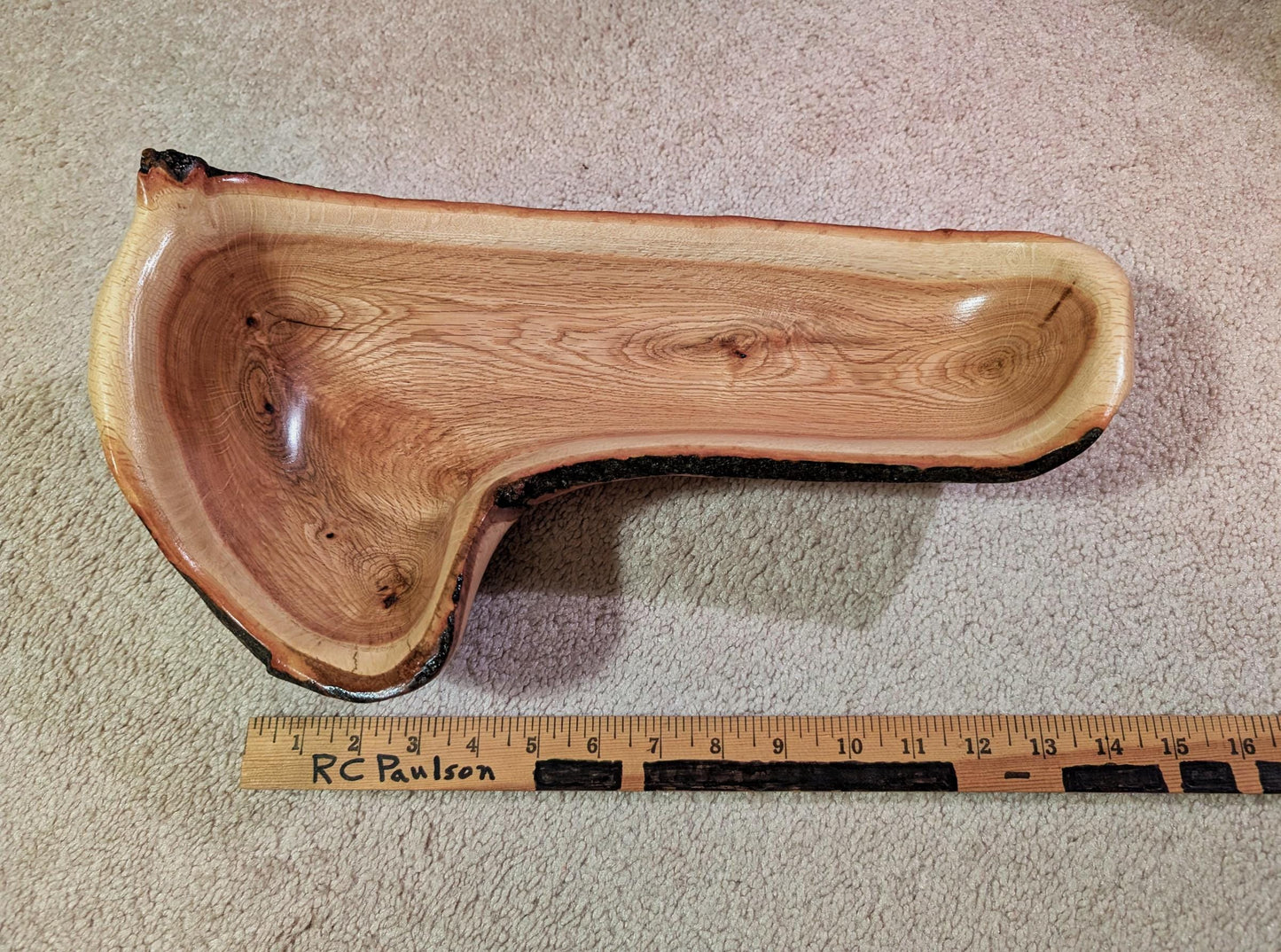 red oak bowl, live edge wood, beautiful grain, rich natural color, teardrop shape, 5" tall x 16, Wabi Sabi, one-of-a-kind, asymmetric, 568-W