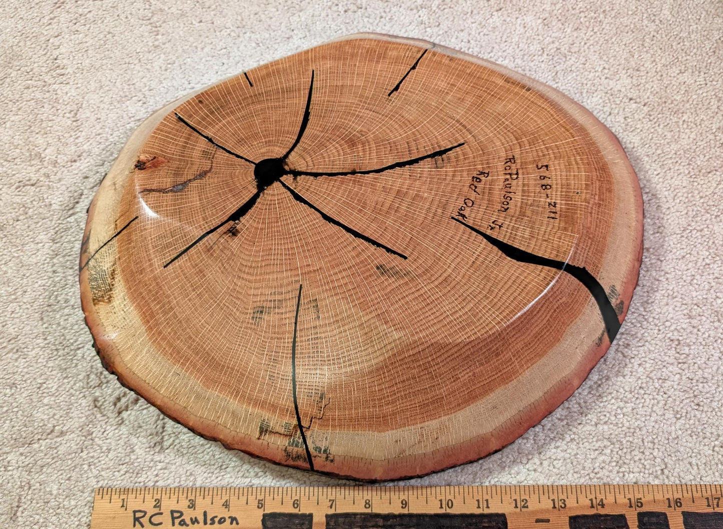 red oak platter, wood, serving tray, live edge, bark, beautiful grain, ornate round, 4" tall x 17.38, Wabi Sabi, one-of-a-kind, 568-Z11