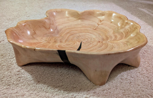Cypress wood bowl platter with 6 feet, natural golden tan color, scalloped sides, 3" tall x 15", Wabi Sabi, one-of-a-kind, asymmetric, 575-A