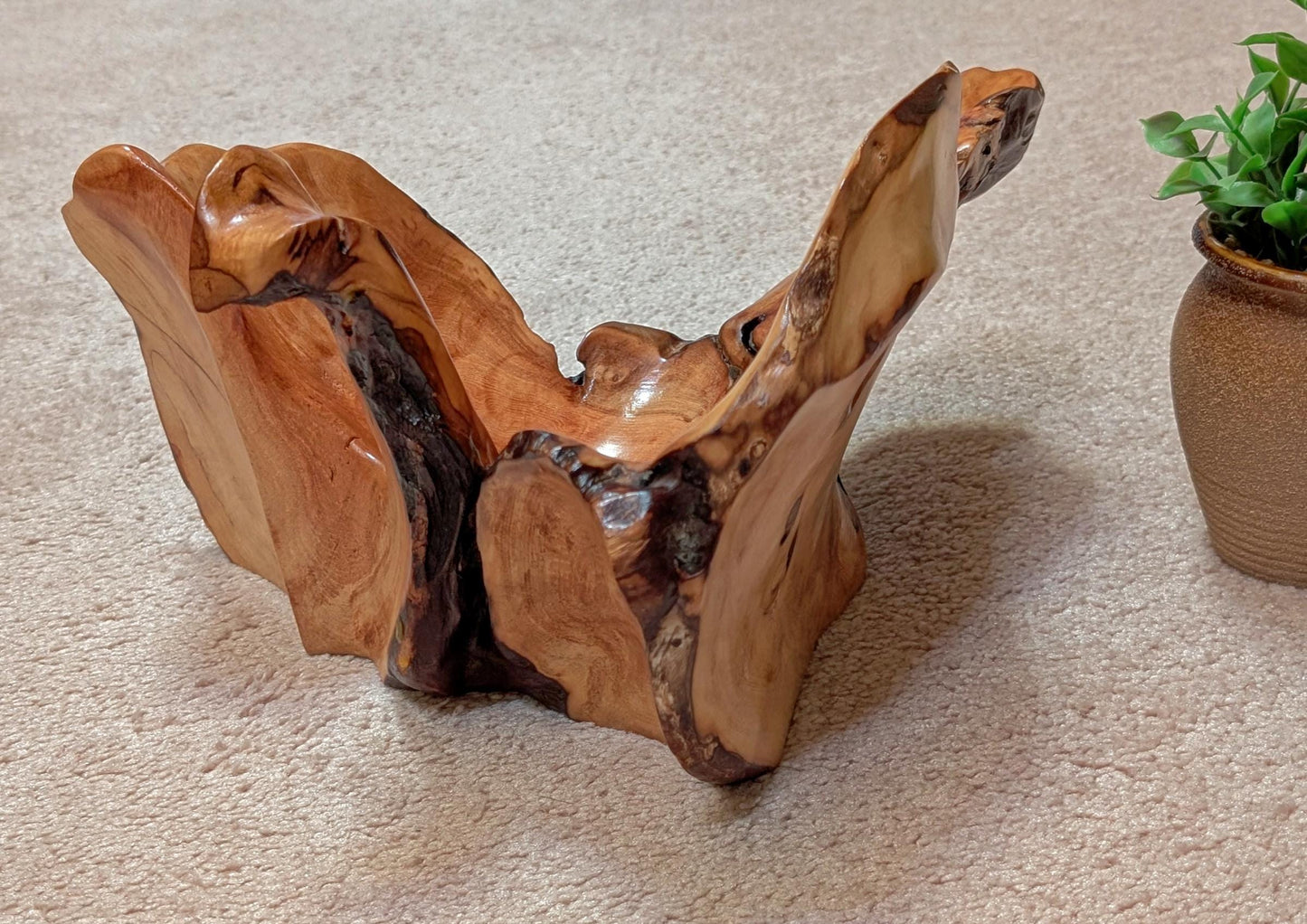 twisty scooped wood bowl, exotic, pine, natural color, live edge, flared sides, 7.5"Tx12x11.5'', Wabi Sabi, one-of-a-kind, asymmetric, 998-F