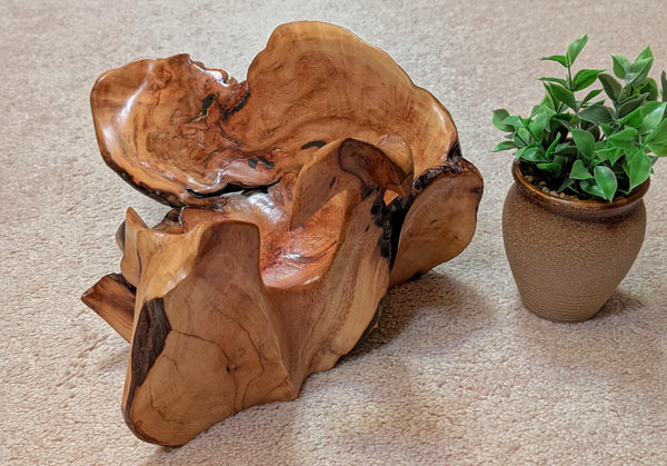 twisty scooped wood bowl, exotic, pine, natural color, live edge, flared sides, 7.5"Tx12x11.5'', Wabi Sabi, one-of-a-kind, asymmetric, 998-F