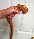 . Apple hiking stick , wood, 47" tall, elaborate top, head 6.5 x 3.25", brown tan rich wood grain, Wabi Sabi Wasabi, one-of-a-kind, 126-XX