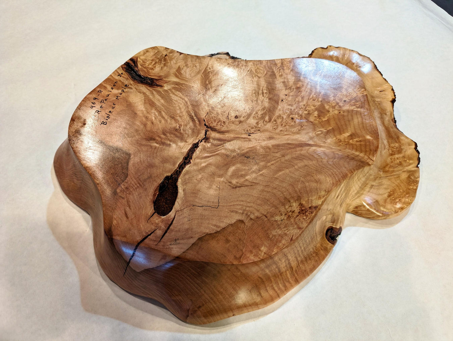 figured maple platter, live edge wood, 3.37 tall x 18 x 14'', 3.0 lb, Wabi Sabi, one-of-a-kind, irregular sides, asymmetric, upcycled, 469-R
