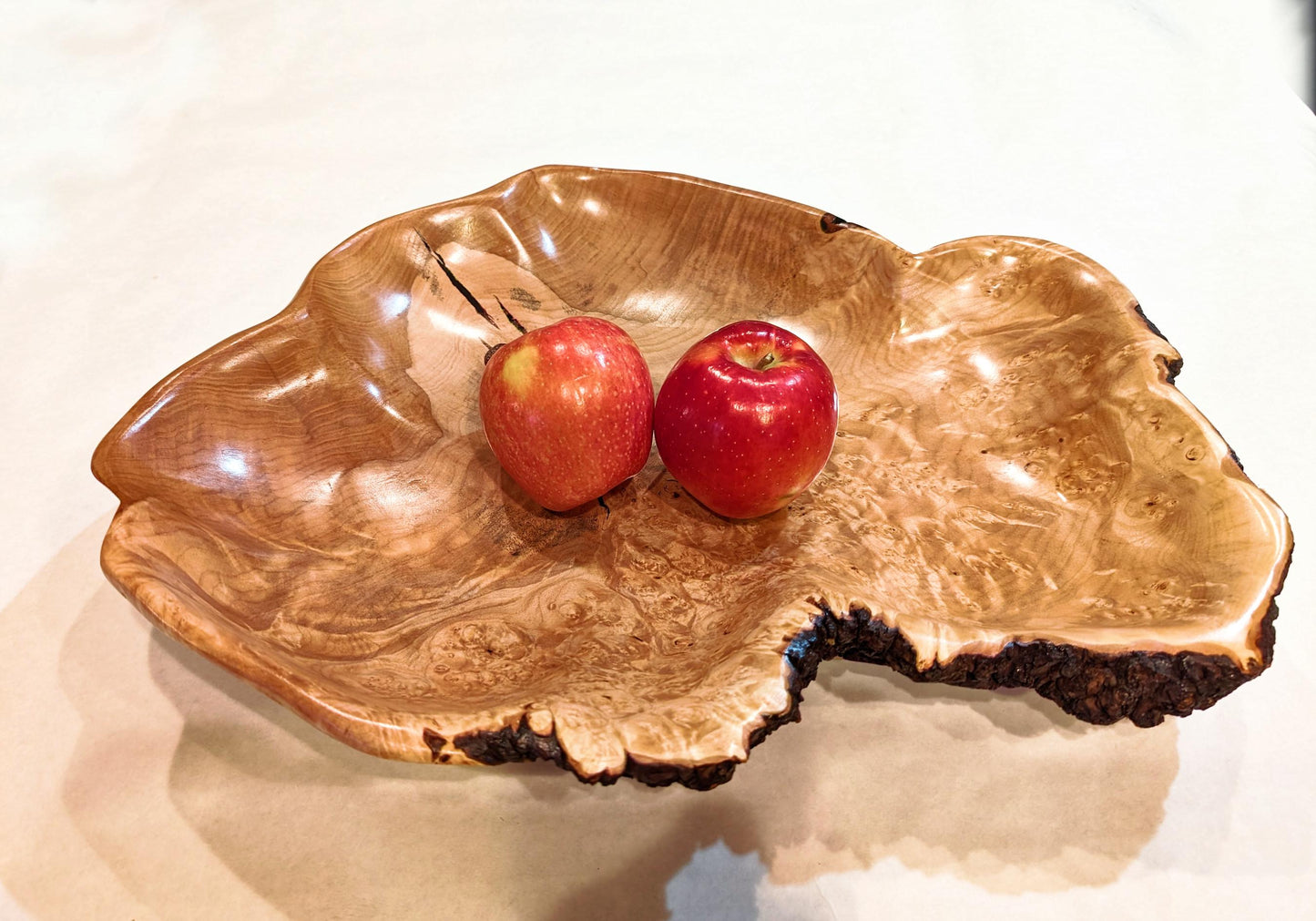 figured maple platter, live edge wood, 3.37 tall x 18 x 14'', 3.0 lb, Wabi Sabi, one-of-a-kind, irregular sides, asymmetric, upcycled, 469-R
