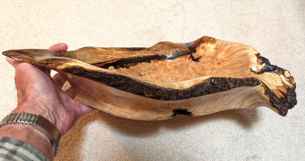 figured exotic maple wood bowl, irregular, rich colors, 4.5" tall x 16.5 x 12.25'', 3.6 lbs, Wabi Sabi, one-of-a-kind, asymmetric, 469-J