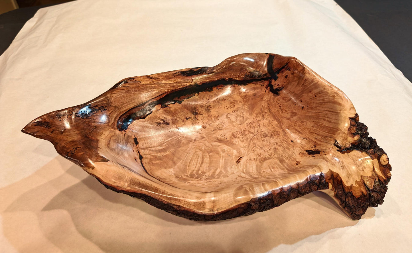 figured exotic maple wood bowl, irregular, rich colors, 4.5" tall x 16.5 x 12.25'', 3.6 lbs, Wabi Sabi, one-of-a-kind, asymmetric, 469-J
