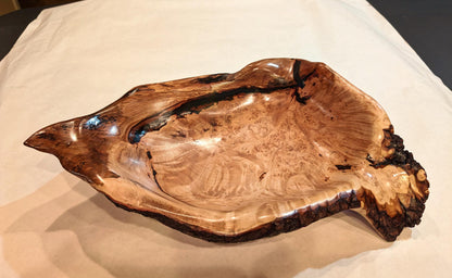 figured exotic maple wood bowl, irregular, rich colors, 4.5" tall x 16.5 x 12.25'', 3.6 lbs, Wabi Sabi, one-of-a-kind, asymmetric, 469-J
