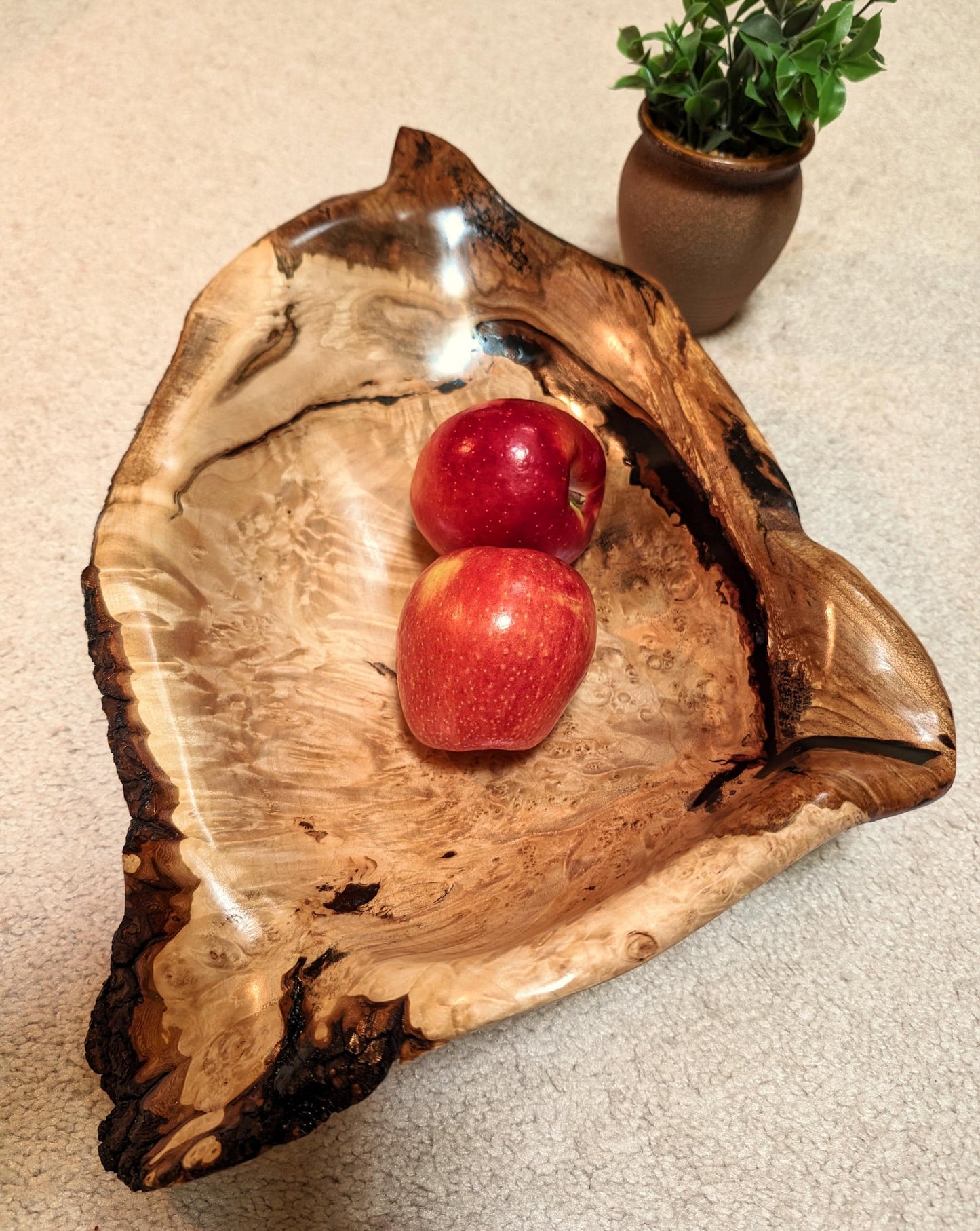 figured exotic maple wood bowl, irregular, rich colors, 4.5" tall x 16.5 x 12.25'', 3.6 lbs, Wabi Sabi, one-of-a-kind, asymmetric, 469-J
