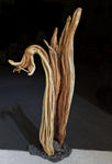 Wooden irregular sagebrush sculpture mounted on a lava rock base, on a dark background