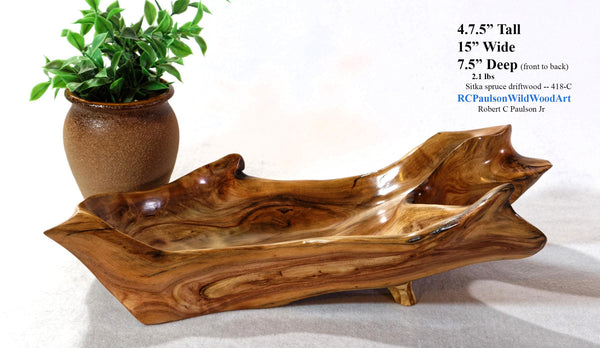 refined Sitka spruce bowl, wood, live edge, rustic refined, matte, 4.75" Tall x 15 x 7.5, Wabi Sabi, one-of-a-kind, asymmetric, 418-C