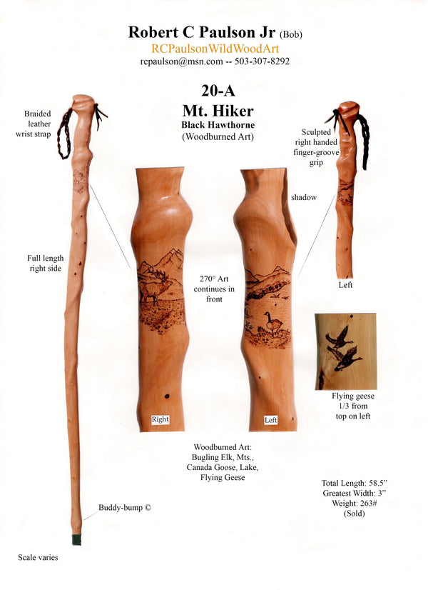 elaborate artistic hiking walking stick staff, sculptured shaft, wood burned wildlife geese mountain scenes, 53" tall, one-of-a-kind, 20-A