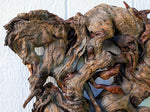 conjoined tree roots wall hanging sculpture, Ponderosa pine, wood, rustic, 19" x 16, Wabi Sabi, one-of-a-kind, asymmetric, ornate, 661-B