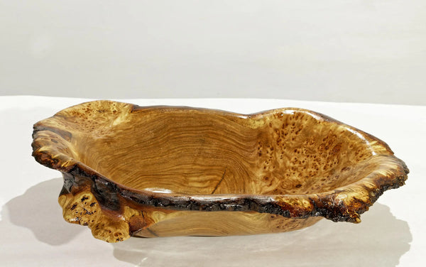 large live edge burl 29" wood bowl sculpture, golden brown, bark, 27” x 14”x 5.5”, rich grain & burl patterns, unique, black elm, 312-B