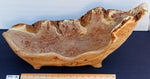 large oblong bowl, golden brown, burl bowl, mottled colors, live edge, Siberian black elm wood, irregular, asymmetric, 312-Q