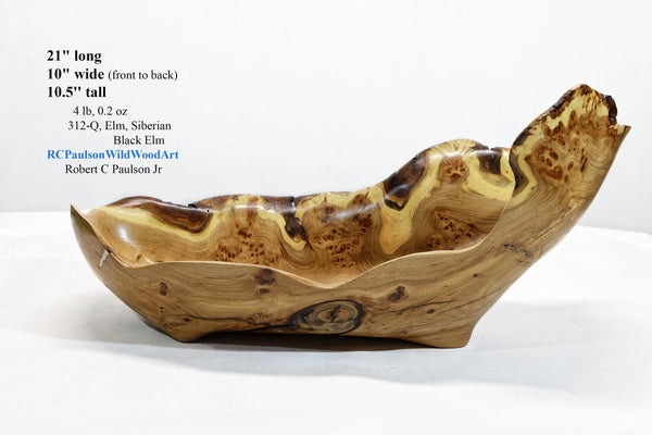 large oblong bowl, golden brown, burl bowl, mottled colors, live edge, Siberian black elm wood, irregular, asymmetric, 312-Q