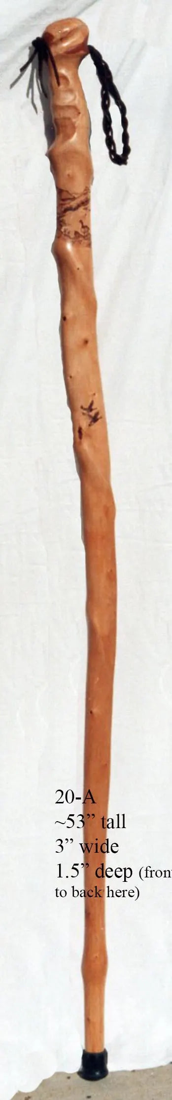 elaborate artistic hiking walking stick staff, sculptured shaft, wood burned wildlife geese mountain scenes, 53" tall, one-of-a-kind, 20-A