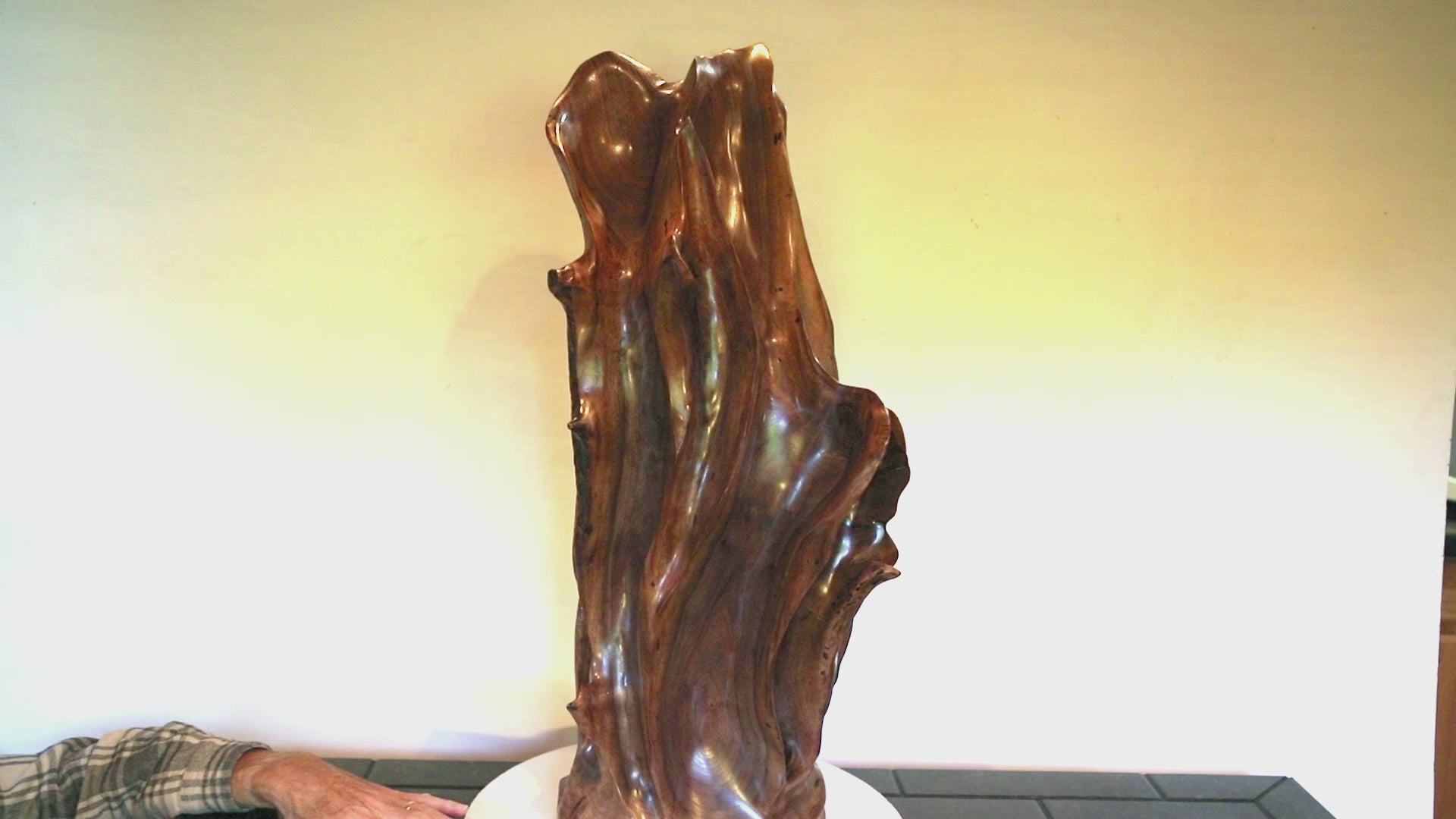 Video of a beautiful brown tabletop and floor wooden sculpture 31.5" tall created from black Walnut wood.  It has freeform flowing lines showing amazing wood grain. The wood was rescued from a 24 inch diameter tree that died and fell in an Oregon winter storm.
