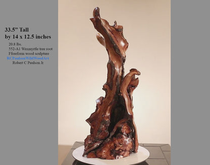 intricate wood root floor sculpture, 33.5 inch tall, brown gold black satin finish, Wabi Sabi, natural rustic, smooth, one of a kind, 552-A1